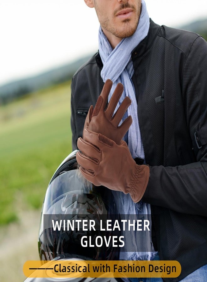 FEISHDEK Water Resistance Winter Gloves for Men, Leather Winter Gloves for Cold Weather for Motorcycle Driving Hiking Outdoor (Brown, Large) - Image 2